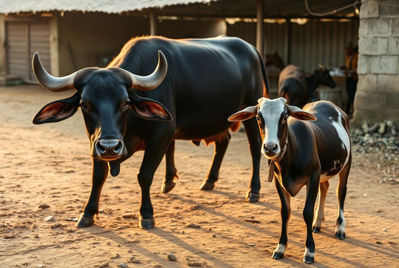 Buffalo and goat receiving livestock care near Depalpur